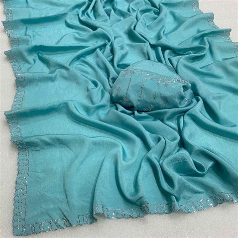Blue Embellished Silk Blend Saree Featuring Fine Swarovski Stone Detai