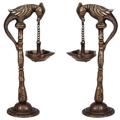 Antique Brass Diya with Parrot Design: Ideal for Traditional Puja Room ...