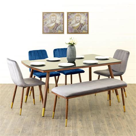 Buy Noir Novelty Glass Top 6-Seater Dining Set with Chairs and Bench ...