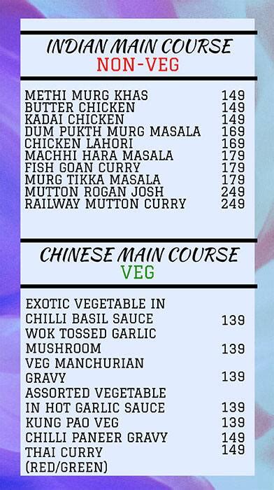 Menu at Splater, Coimbatore