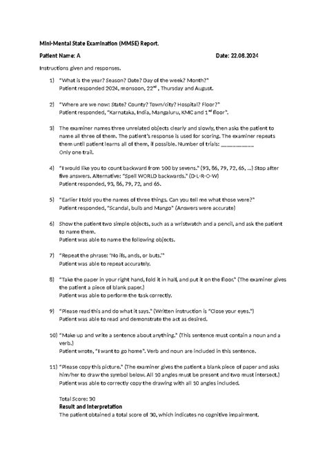 MMSE Report 232199007 - Mini-Mental State Examination (MMSE) Report ...