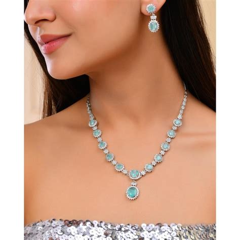 Buy VOJ Silver Plated Sea Green Ad Studded Designer Jewellery Set Online