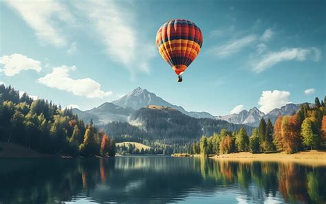 Hot air balloon floating in a lake in the style of documentary photo ...