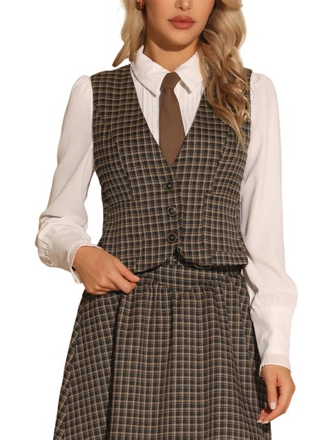 INSPIRE CHIC Vintage Plaid Vest for Women's V Neck Single Breasted ...