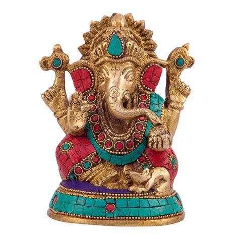 Kartique Brass Ganesha Idol with Stone Work | Sitting Ganpati Murti for ...