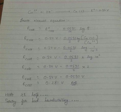 If the standard electrode potential of Cu2+/Cu electrode is 0.34 V ...