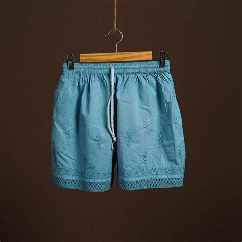 Blue Lucknowi Chikankari Hand Embroidered Cotton Shorts