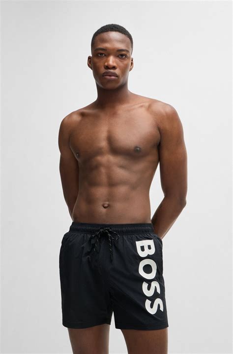 BOSS - Contrast-logo swim shorts in quick-drying fabric - Black