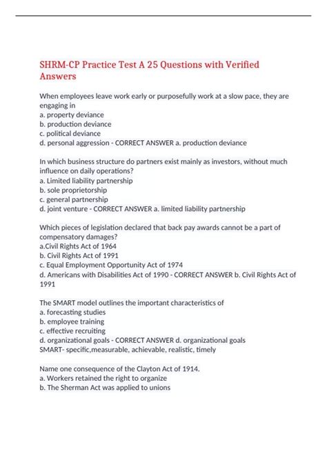 SHRM-CP Practice Test A 25 Questions with Verified Answers,100% CORRECT ...