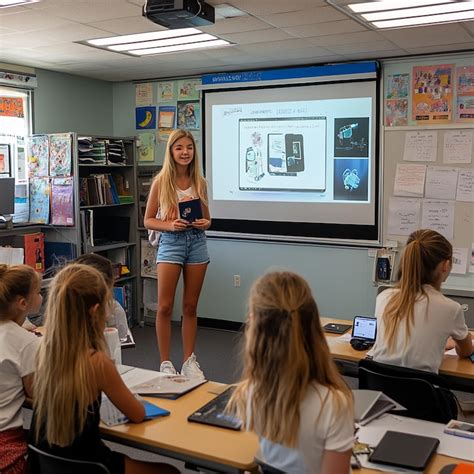 Landscape of a classroom with a large screen showing a map and students ...