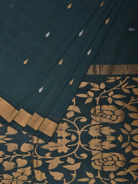 Teal Uppada Cotton Handloom Saree with Floral Pallu Design u2298