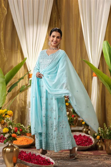 Shop Aqua Mulmul Mirror & Sequin Embroidered Anarkali Suit Set With ...