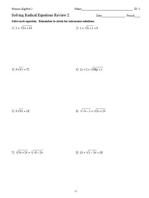 Image result for Solving Radical Equations Worksheet