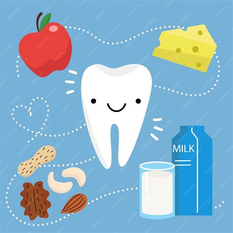 Happy healthy tooth vector illustration in flat design teeth and food ...