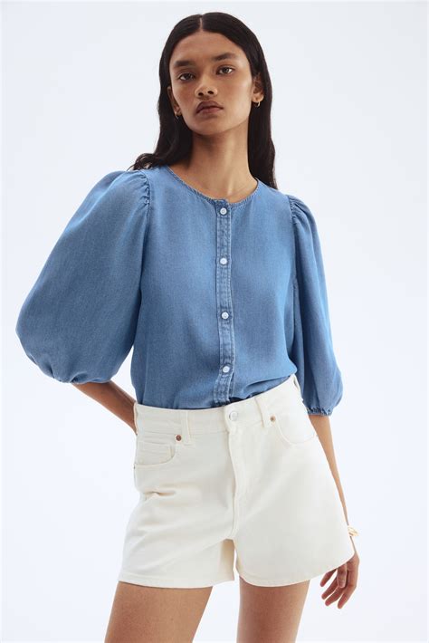 Balloon-sleeved denim blouse - Denim blue - Ladies | H&M IN