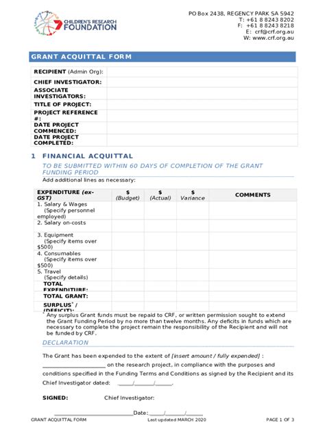 Acquittal of Grant - crf.org.au - crf org Doc Template | pdfFiller