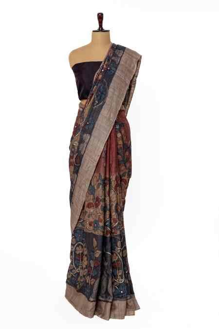 Buy Grey Tussar Mirrors Embellished Kalamkari Saree With Unstitched ...