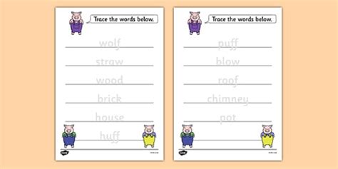 The Three Little Pigs Trace the Words Worksheet - Twinkl