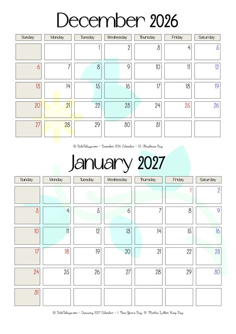 December 2026 January 2027 Calendar - Date Today's