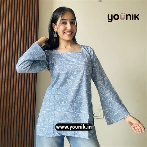 Light Blue Paisley Printed Bell Sleeve Short Kurti – YOUNIK