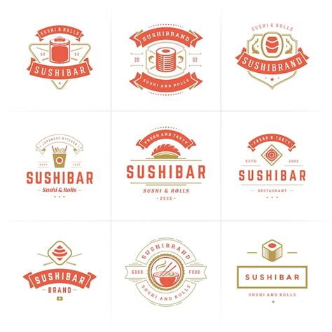 Sushi restaurant logos and badges set japanese food with sushi salmon ...