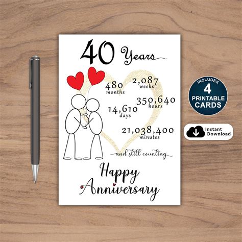 40th Anniversary Card, Printable 40th Anniversary Card, 40 Year ...