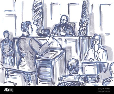 Pen and ink sketch illustration of courtroom trial with judge and ...