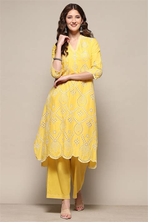 Yellow Cotton Schiffli Kurta & Palazzo Suit Set at Biba India