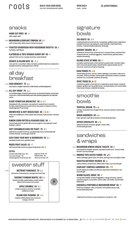 Menu at Roots restaurant, Pererenan