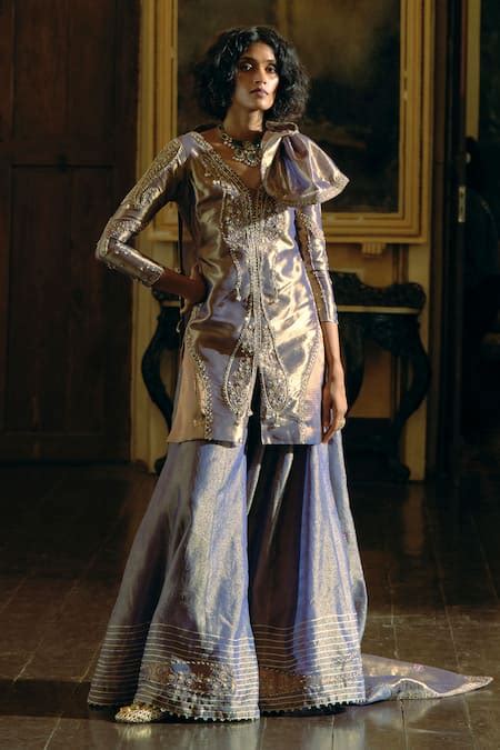 Buy Purple Jacquard, Silk Pearls, Embroidery, Zari V-neck Kurta And ...