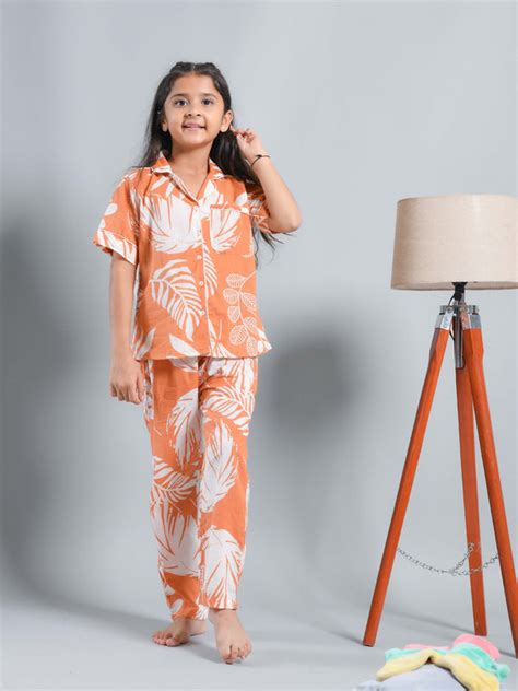 Buy Orange Floral Printed Shirt Collar Kids Night Suit Online @ Best Price