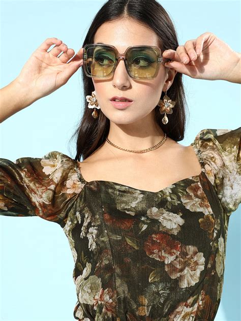 Women Green Floral Chiffon Puff Sleeves Top – FYVA