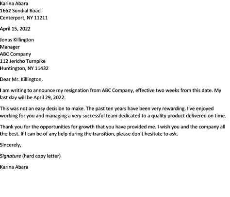 Two Week Resignation Letter Sample