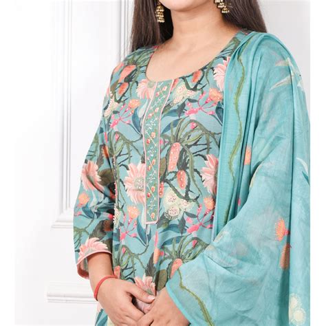Nazaakat Forest Green Floral Printed Cotton Linen Top with Cotton Dupa ...