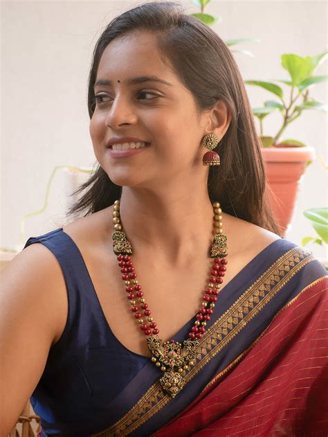 Roohani - Antique Gold and Maroon Peacock Design Handmade Terracotta N ...