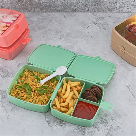 Double-Layer Square Lunch Box with Spoon , 4 Compartment Tiffin & Push ...