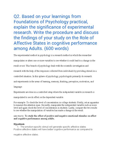 Q2 - Significance of Experimental Research in Psychology: Affective ...