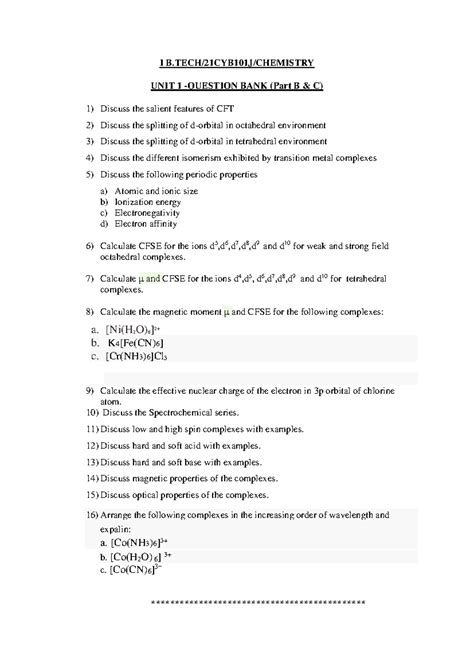 21CYB101J-Question Bank - I B/21CYB101J/CHEMISTRY UNIT 1 - QUESTION ...