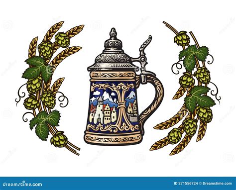 Old German Stein Beer Mug in Frame of Hop Branches. Hand Drawn Vector ...