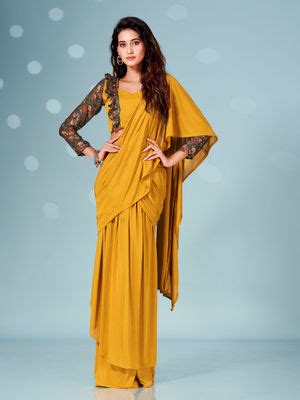 Buy Tikhi Imli Ready To Wear Mustard Lycra Ruffle Saree with Printed ...