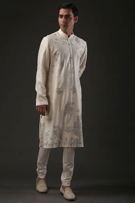 Men Ivory Chanderi Silk Resham Embroidered Kurta Set