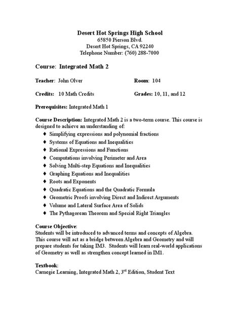Syllabus Integrated Math 2 | PDF | Equations | Quadratic Equation