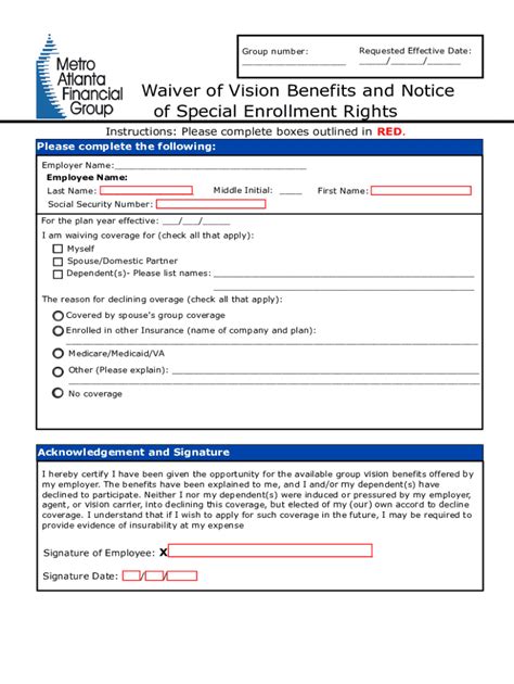 Fillable Online Waiver of Vision Benefits and Notice of Special ...