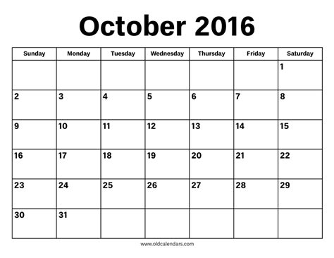October 2016 Calendar - Printable Old Calendars