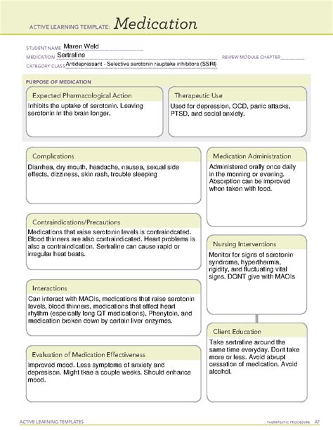 ATI - Sertraline - MEDICATION ATI TEMPLATE - ACTIVE LEARNING TEMPLATES TherapeuTic procedure A ...
