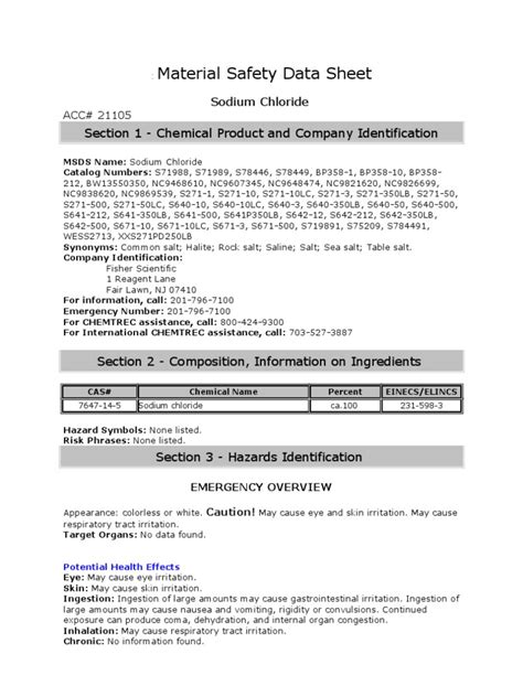 Sodium Chloride MSDS Overview | PDF | Sodium Hydroxide | Water