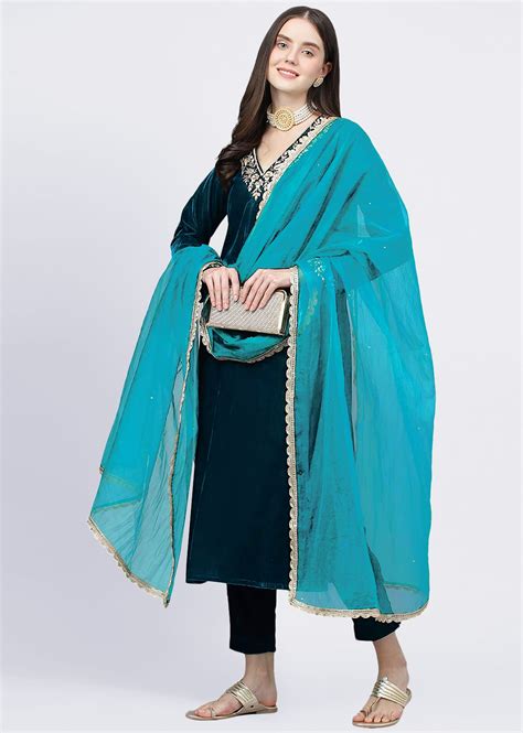 Blue Velvet Embroidery Salwar Suit Set Kurta Pant with Dupatta Morpeac ...