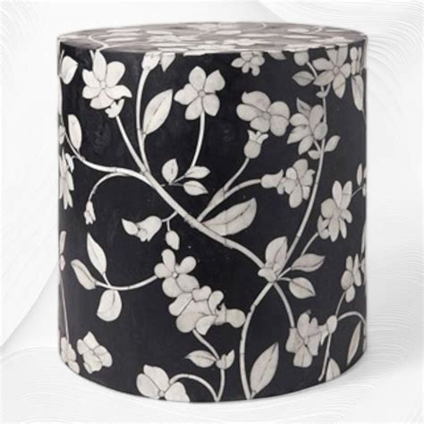 Lola Bone Inlay Round Stool Floral Black – Luxury Handicrafts