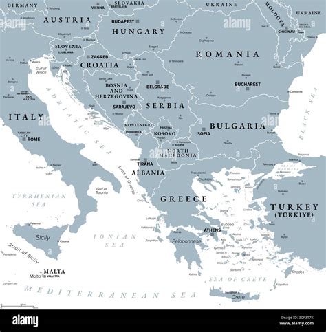 The Balkans and Balkan Peninsula, gray political map, with country borders, capitals, and ...