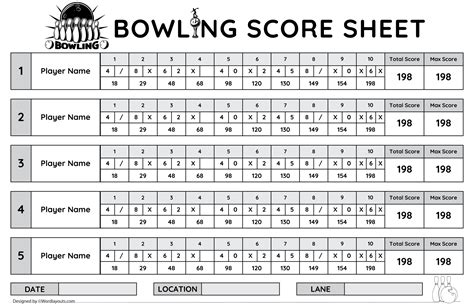 5-Player Bowling Score Sheet Template - WordLayouts